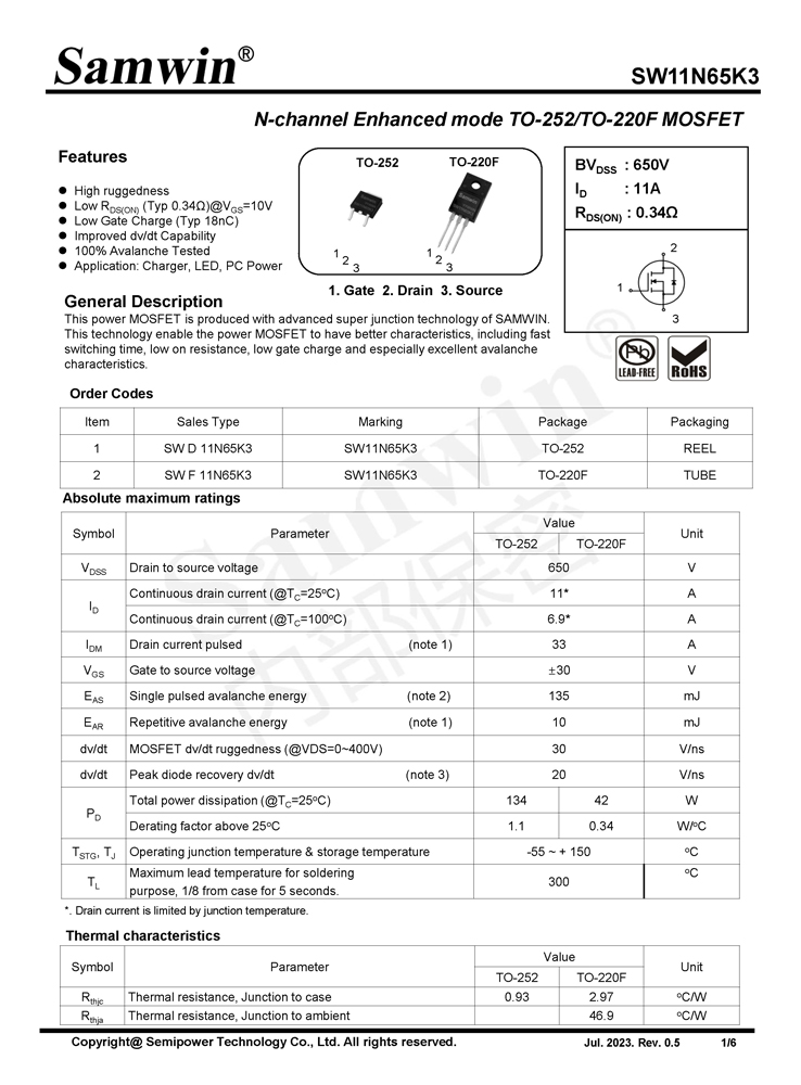 Samwin SW11N65K3 N-channel Enhanced mode TO-252/TO-220F MOSFET