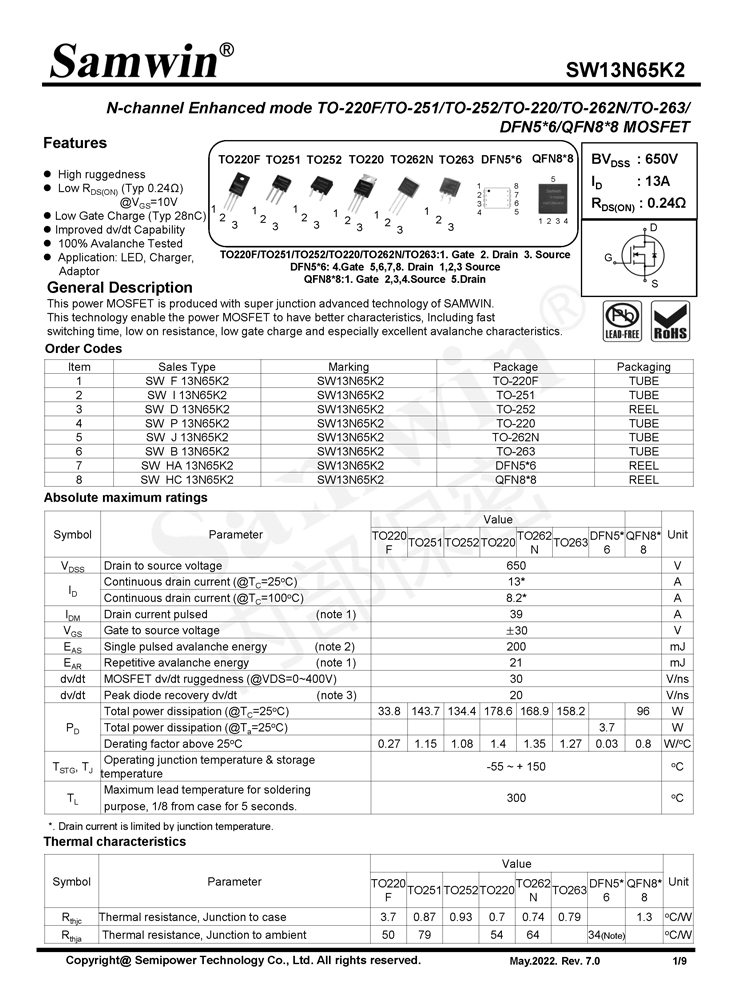 Samwin SW13N65K2 N-channel Enhanced mode TO-220F/TO-251/TO-252/TO-220/TO-262N/TO-263/DFN5*6/QFN8*8 MOSFET