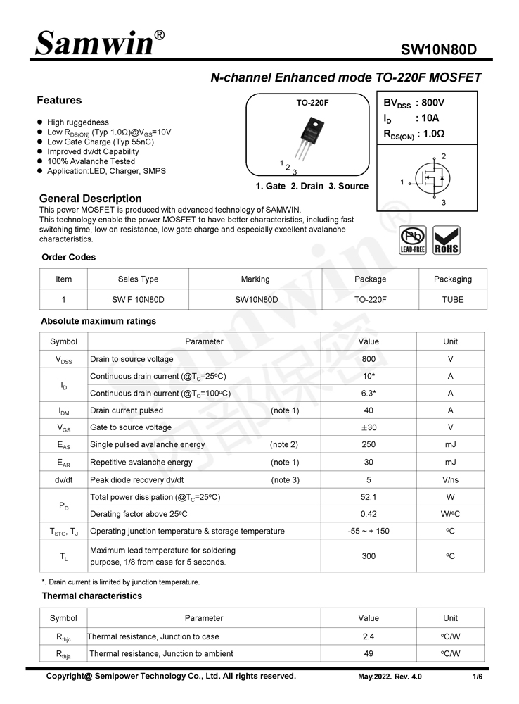 Samwin SW10N80D N-channel Enhanced mode TO-220F MOSFET