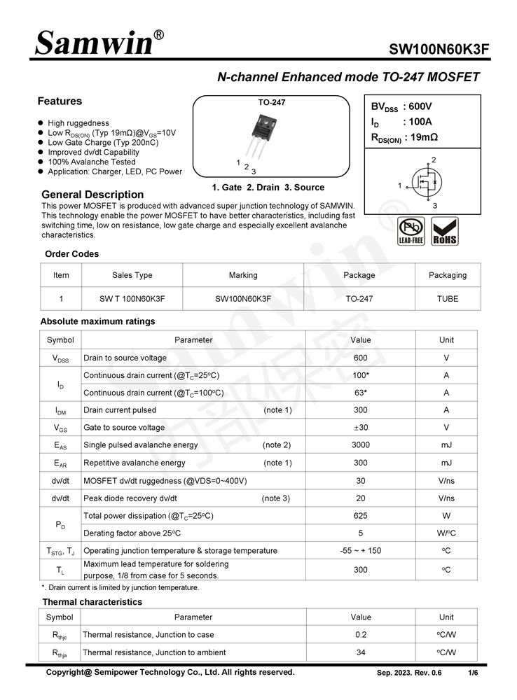 Samwin SW100N60K3F N-channel Enhanced mode TO-247 MOSFET