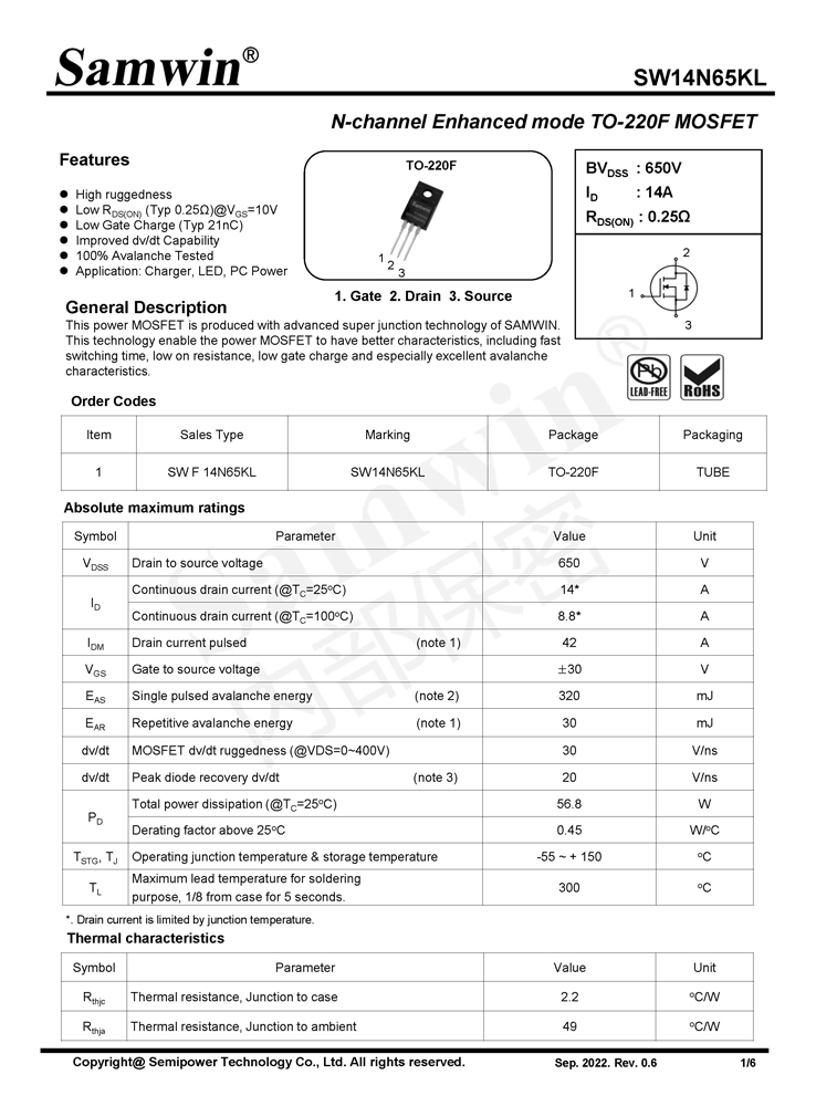 Samwin SW14N65KL N-channel Enhanced mode TO-220F MOSFET