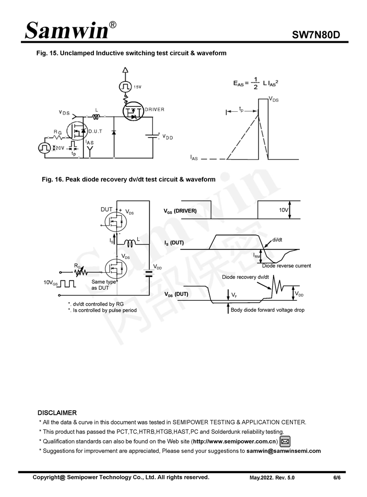 Samwin SW7N80D N-channel Enhanced mode TO-220F/TO-262/TO-262N MOSFET