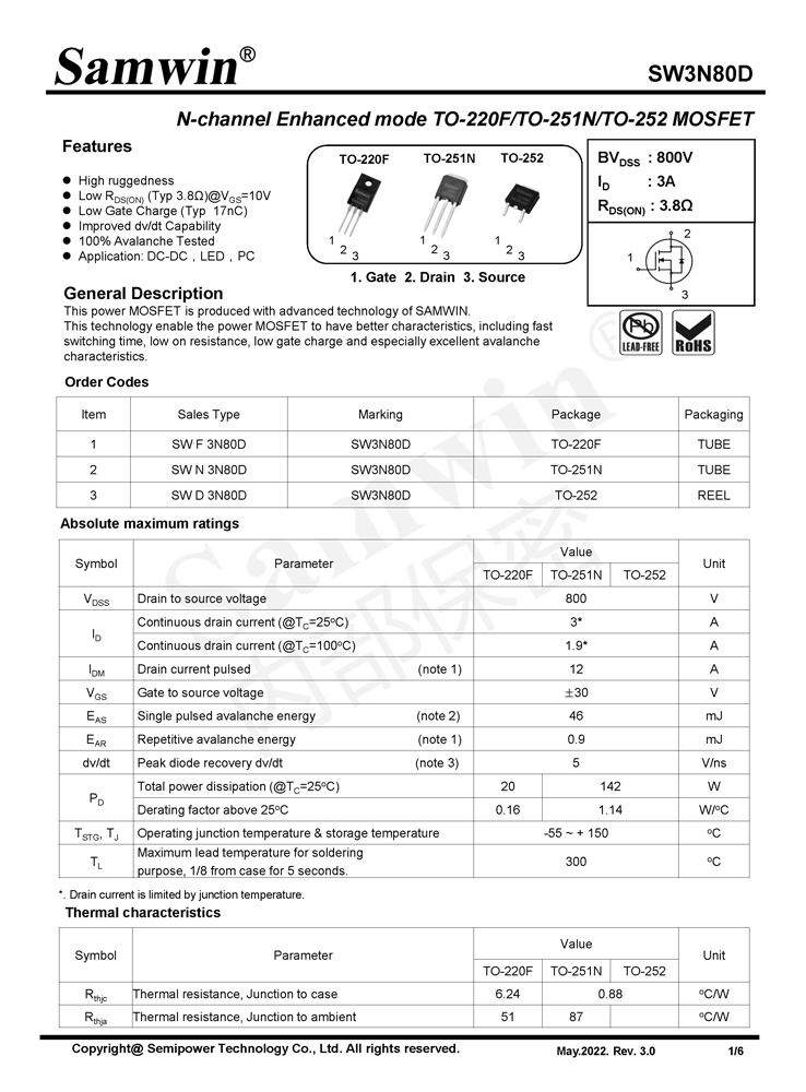 Samwin SW3N80D N-channel Enhanced mode TO-220F/TO-251N/TO-252 MOSFET