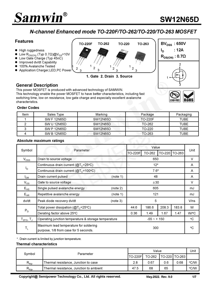 Samwin SW12N65D N-channel Enhanced mode TO-220F/TO-262/TO-220/TO-263 MOSFET