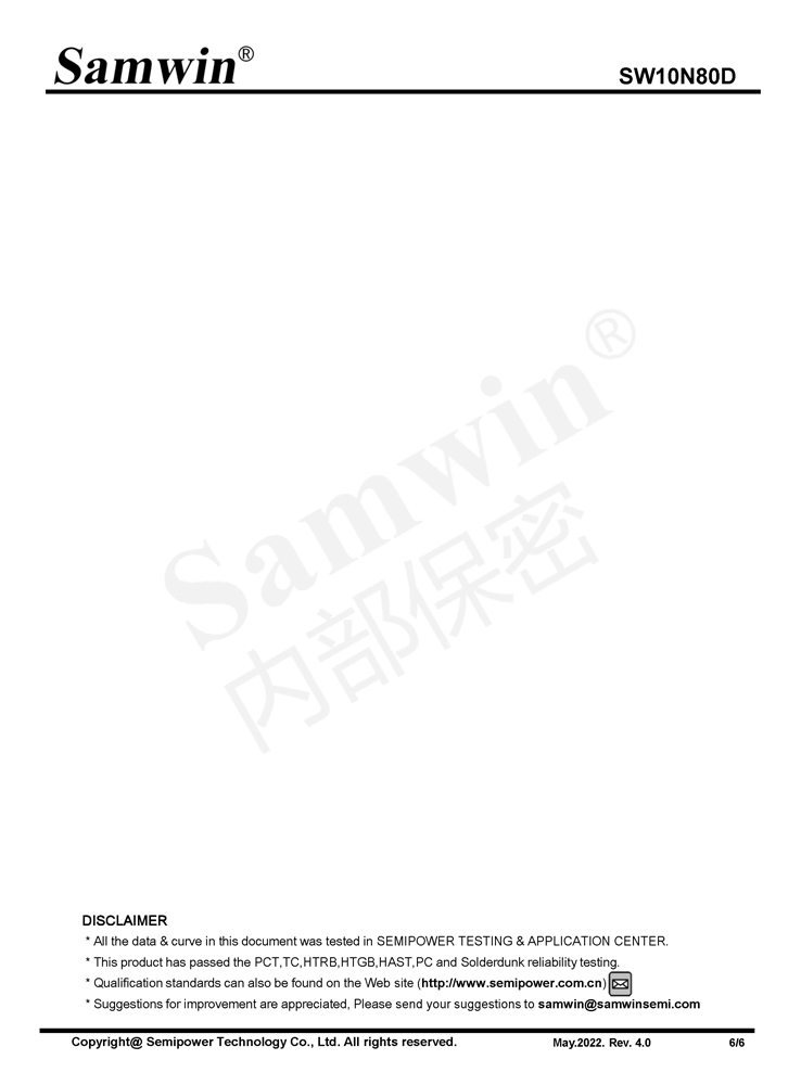 Samwin SW10N80D N-channel Enhanced mode TO-220F MOSFET