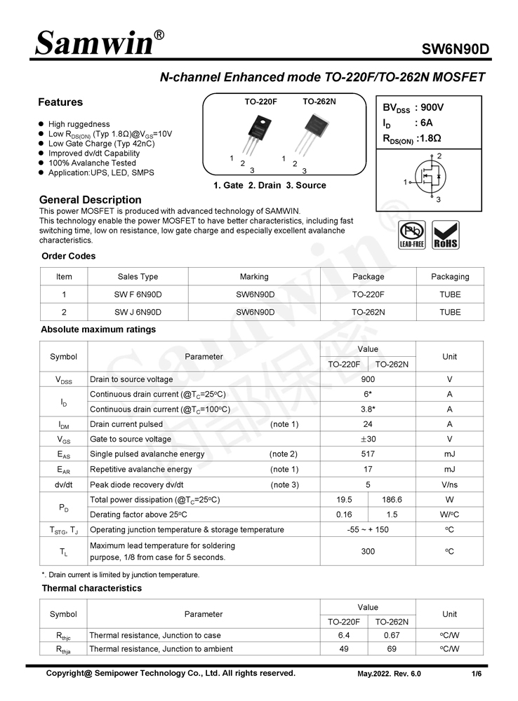 Samwin SW6N90D N-channel Enhanced mode TO-220F/TO-262N MOSFET