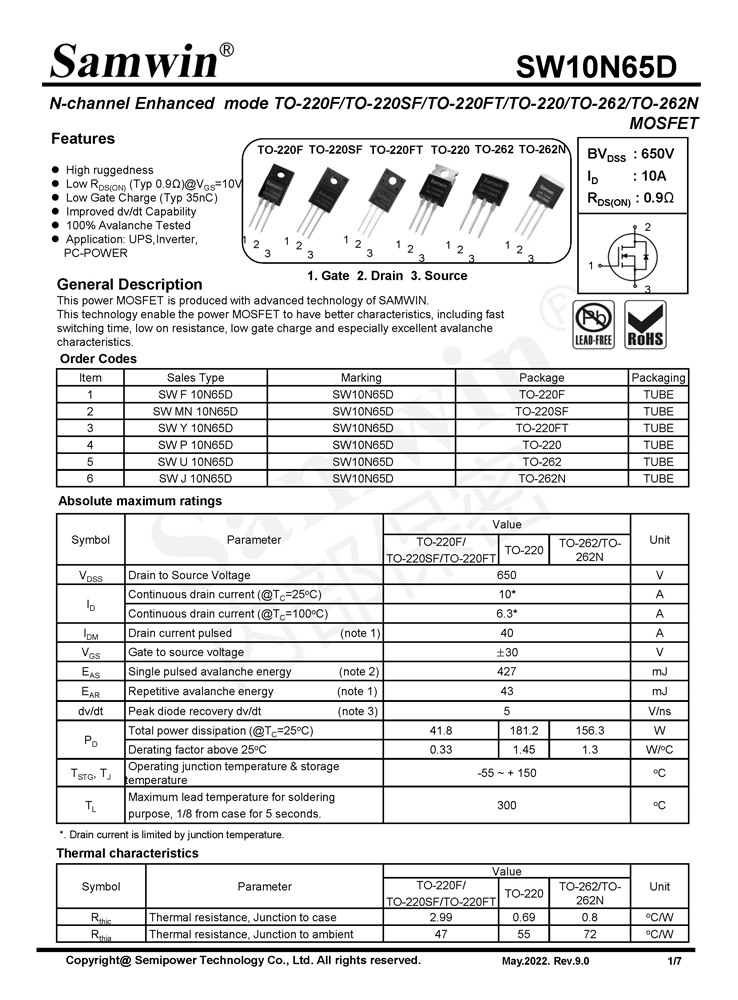 Samwin SW10N65D N-channel Enhanced mode TO-220F/TO-220SF/TO-220FT/TO-220/TO-262/TO-262N MOSFET