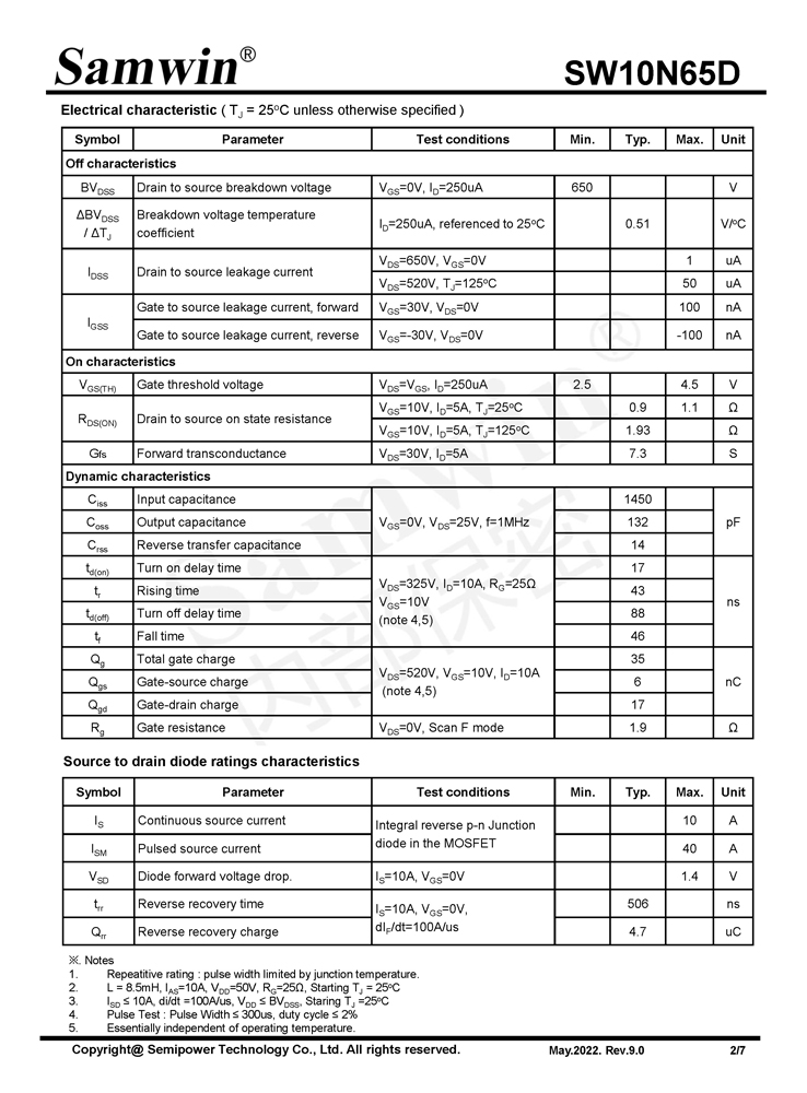 Samwin SW10N65D N-channel Enhanced mode TO-220F/TO-220SF/TO-220FT/TO-220/TO-262/TO-262N MOSFET