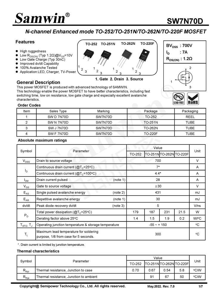 Samwin SW7N70D N-channel Enhanced mode TO-252/TO-251N/TO-262N/TO-220F MOSFET