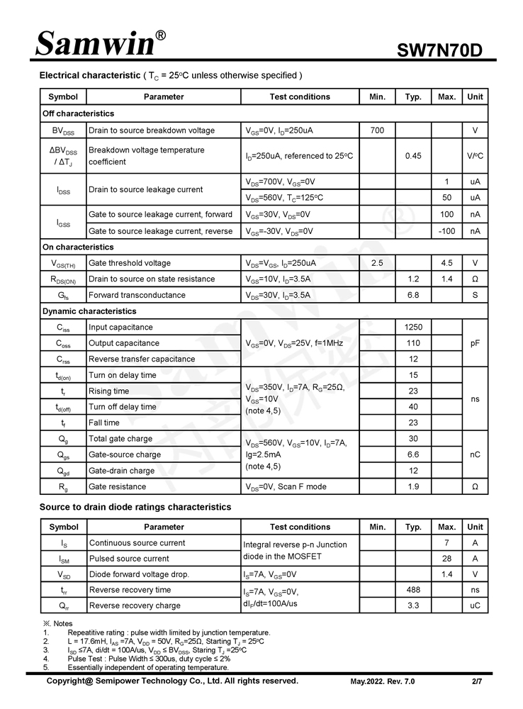 Samwin SW7N70D N-channel Enhanced mode TO-252/TO-251N/TO-262N/TO-220F MOSFET