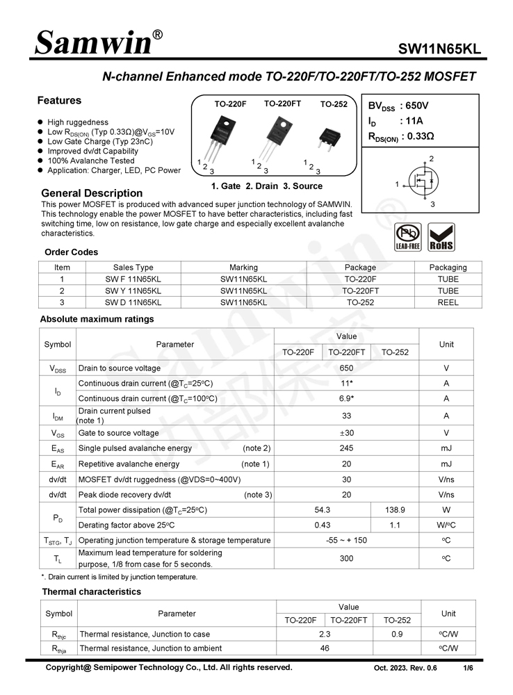 Samwin SW11N65KL N-channel Enhanced mode TO-220F/TO-220FT/TO-252 MOSFET