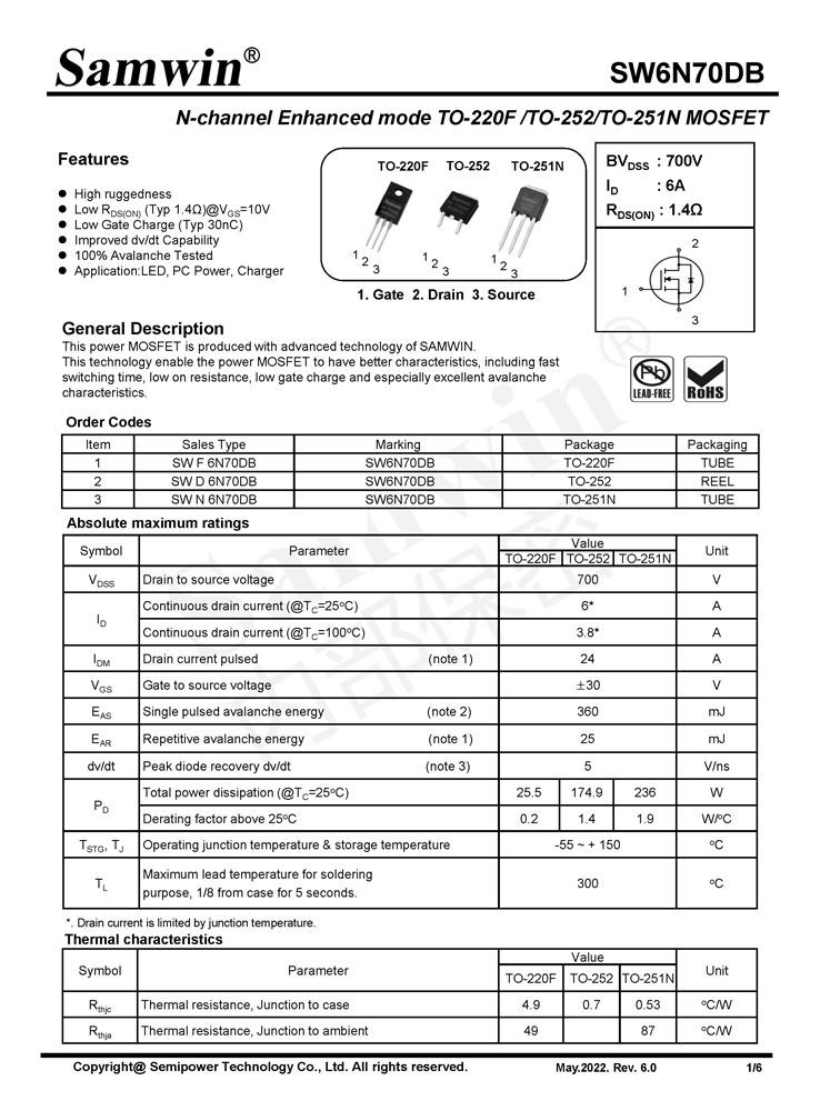 Samwin SW6N70DB N-channel Enhanced mode TO-220F/TO-252/TO-251N MOSFET