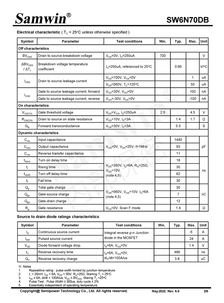 Samwin SW6N70DB N-channel Enhanced mode TO-220F/TO-252/TO-251N MOSFET