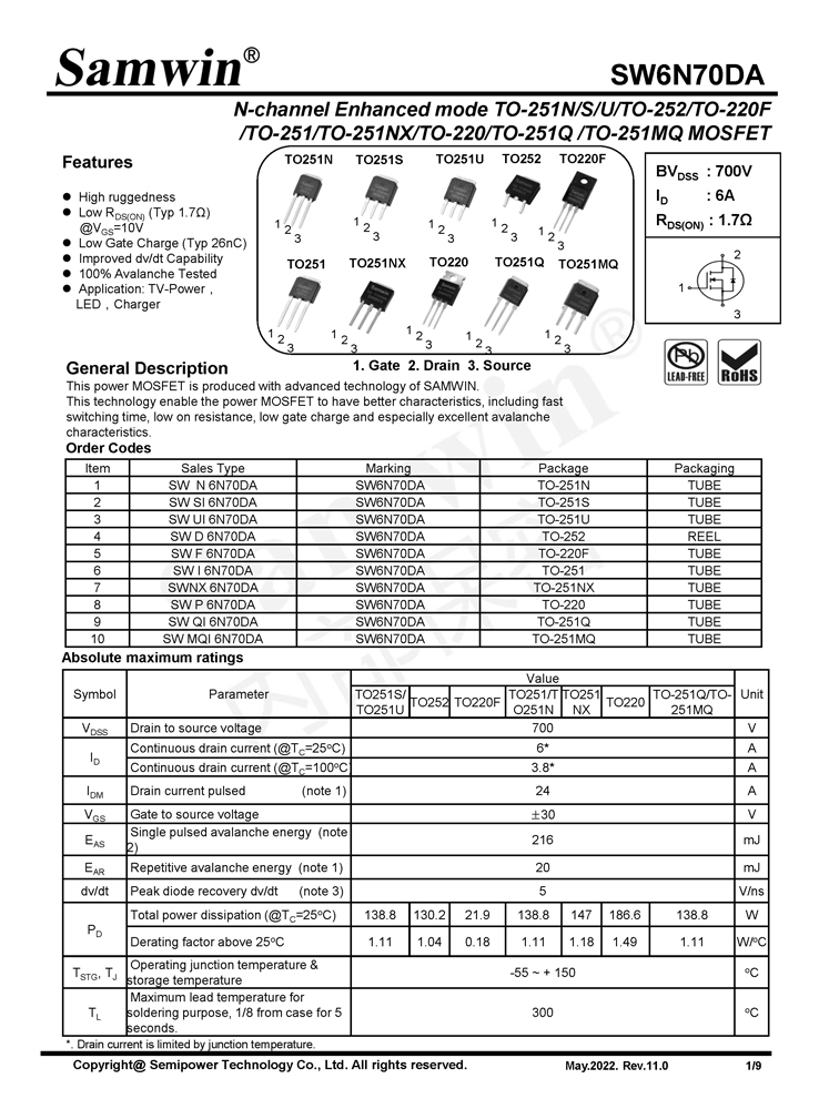 Samwin SW6N70DA N-channel Enhanced mode TO-251N/S/U/TO-252/TO-220F/TO-251/TO-251NX/TO-220/TO-251Q/TO-251MQ MOSFET