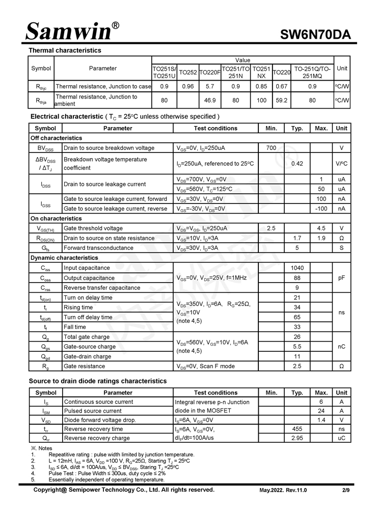 Samwin SW6N70DA N-channel Enhanced mode TO-251N/S/U/TO-252/TO-220F/TO-251/TO-251NX/TO-220/TO-251Q/TO-251MQ MOSFET