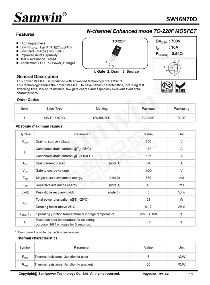 Samwin SW16N70D N-channel Enhanced mode TO-220F MOSFET