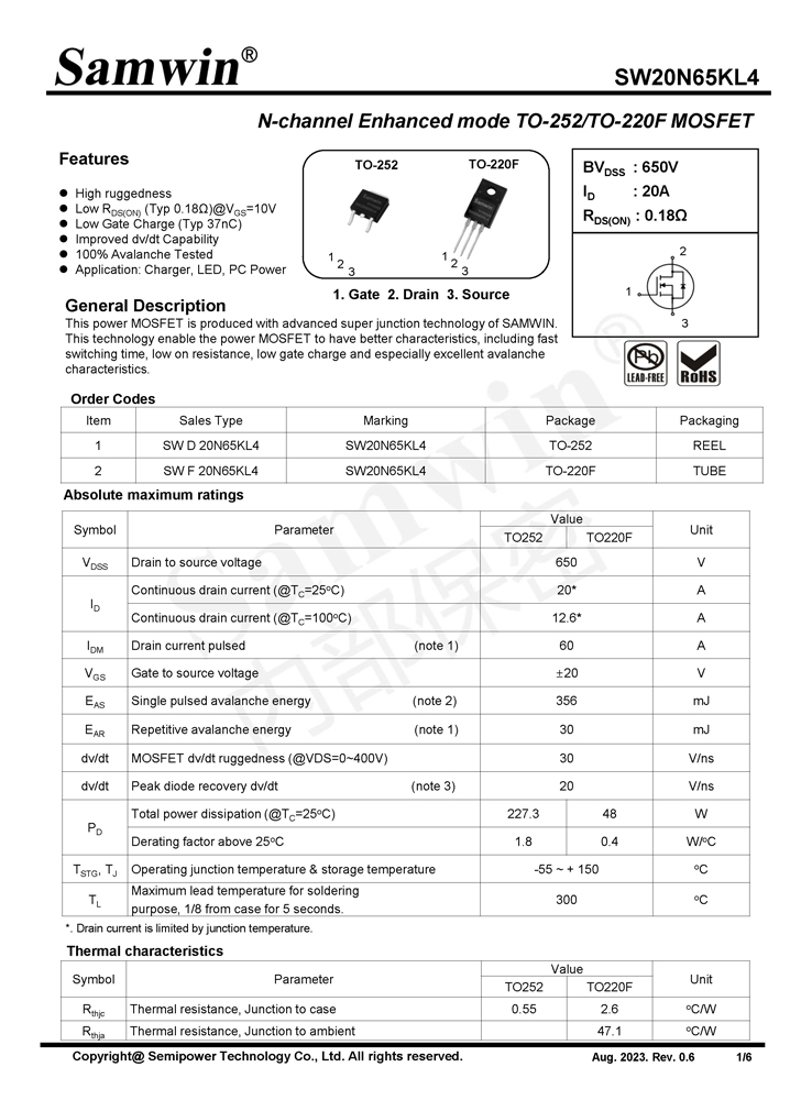 Samwin SW20N65KL4 N-channel Enhanced mode TO-252/TO-220F MOSFET