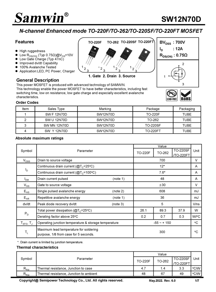 Samwin SW12N70D N-channel Enhanced mode TO-220F/TO-262/TO-220SF/TO-220FT MOSFET