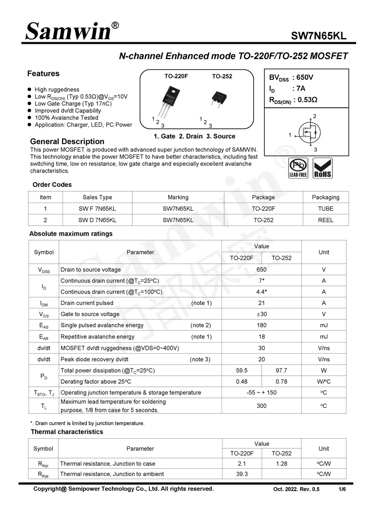 Samwin SW7N65KL N-channel Enhanced mode TO-220F/TO-252 MOSFET