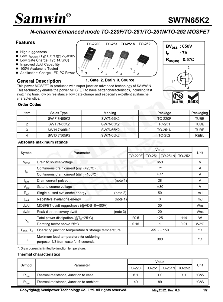 Samwin SW7N65K2 N-channel Enhanced mode TO-220F/TO-251/TO-251N/TO-252 MOSFET