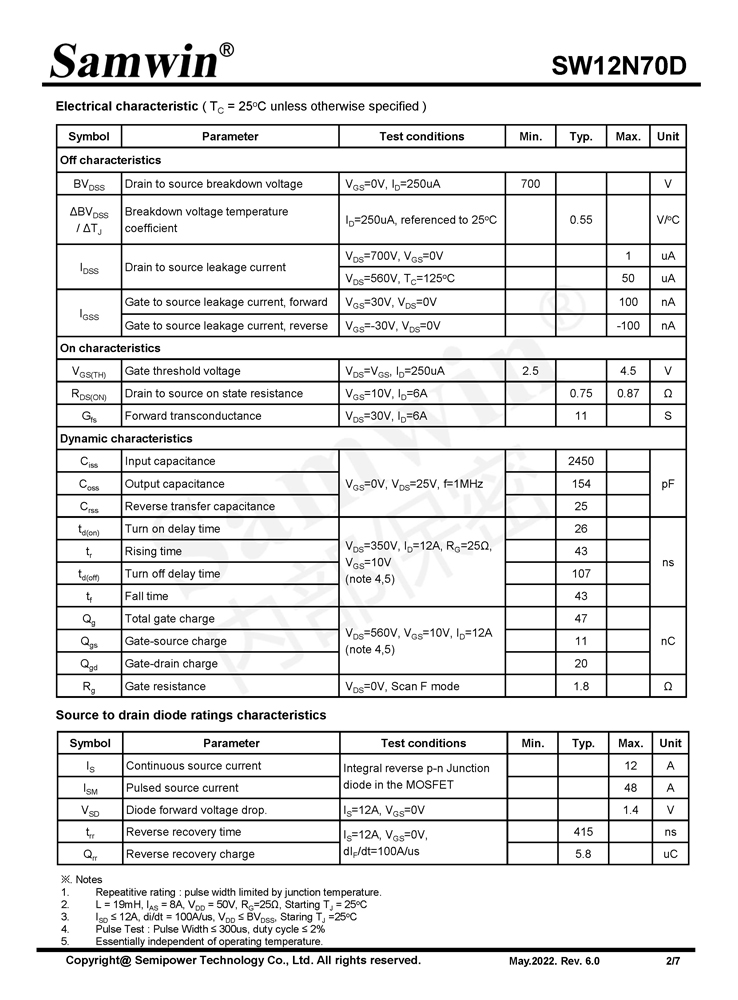 Samwin SW12N70D N-channel Enhanced mode TO-220F/TO-262/TO-220SF/TO-220FT MOSFET