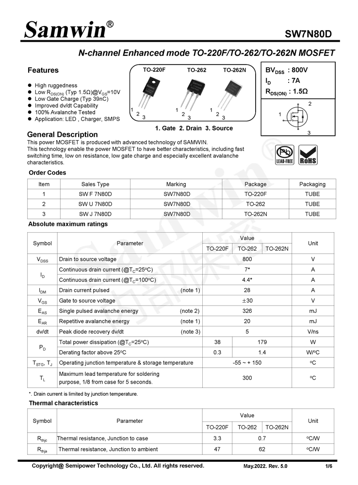 Samwin SW7N80D N-channel Enhanced mode TO-220F/TO-262/TO-262N MOSFET