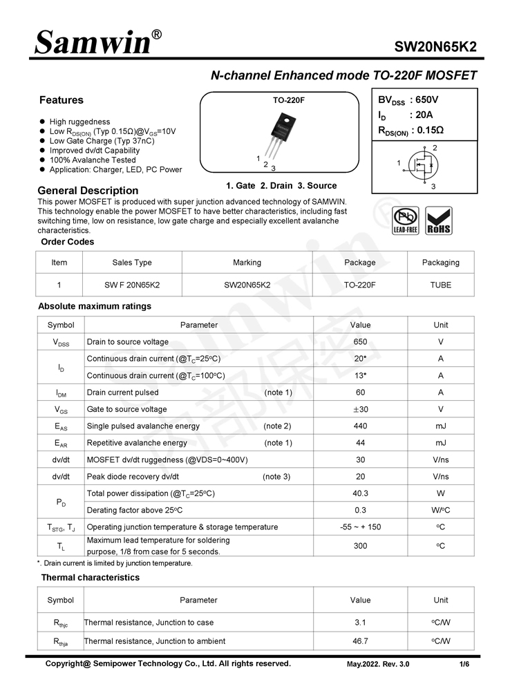 Samwin SW20N65K2 N-channel Enhanced mode TO-220F MOSFET