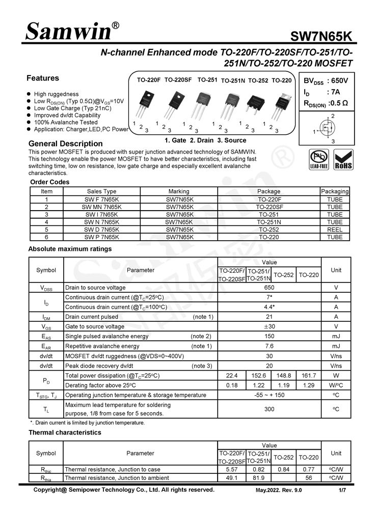 Samwin SW7N65K N-channel Enhanced mode TO-220F/TO-220SF/TO-251/TO-251N/TO-252/TO-220 MOSFET