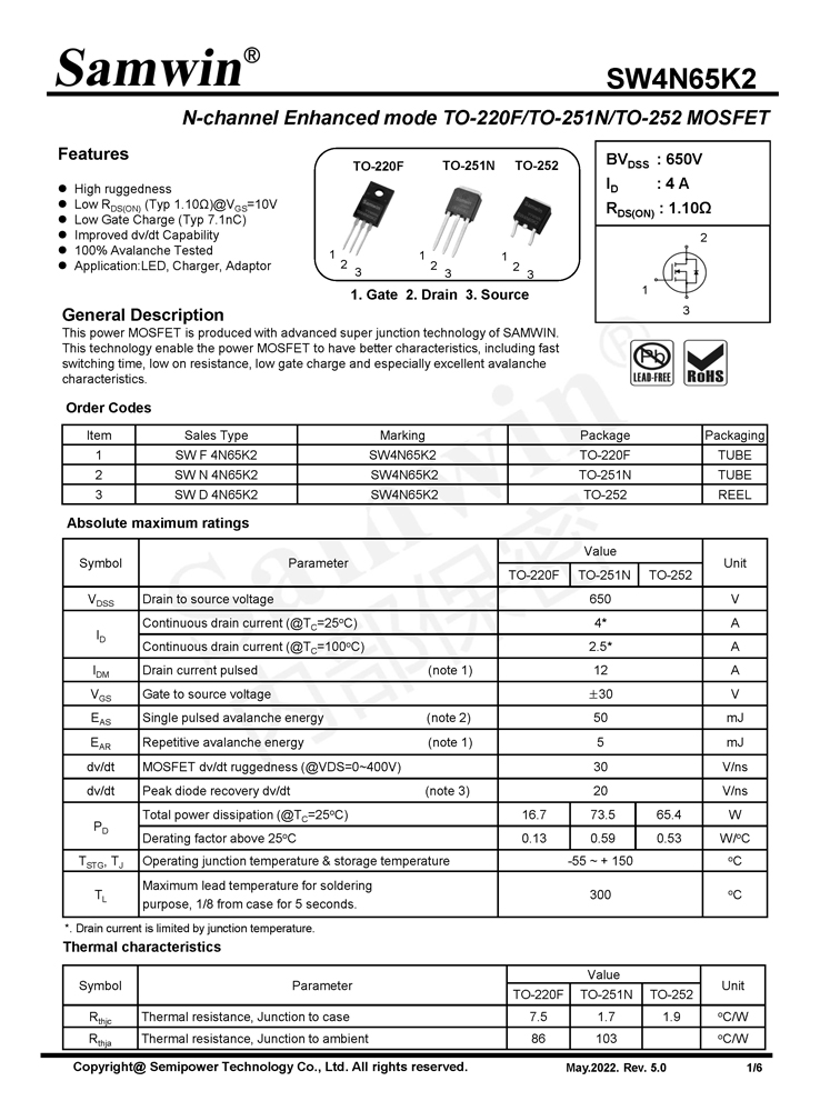 Samwin SW4N65K2 N-channel Enhanced mode TO-220F/TO-251N/TO-252 MOSFET