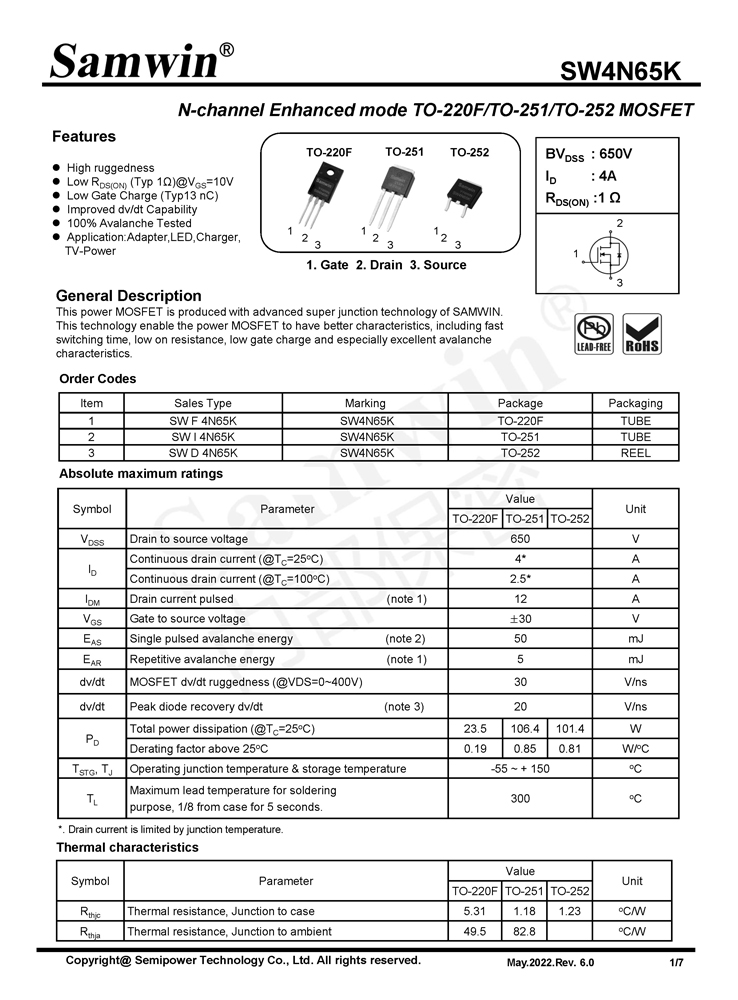 Samwin SW4N65K N-channel Enhanced mode TO-220F/TO-251/TO-252 MOSFET