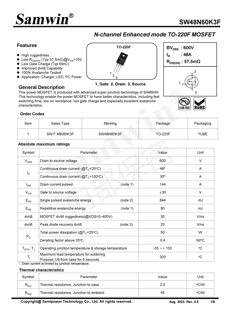 Samwin SW48N60K3F N-channel Enhanced mode TO-220F MOSFET