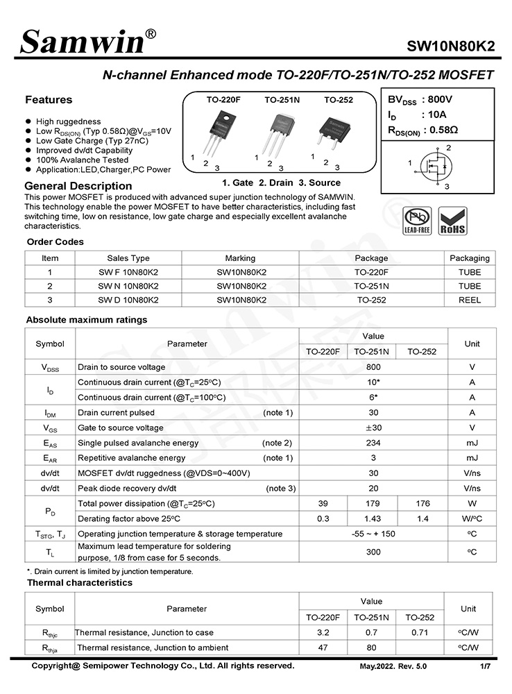 Samwin SW10N80K2 N-channel Enhanced mode TO-220F/TO-252/TO-251N MOSFET