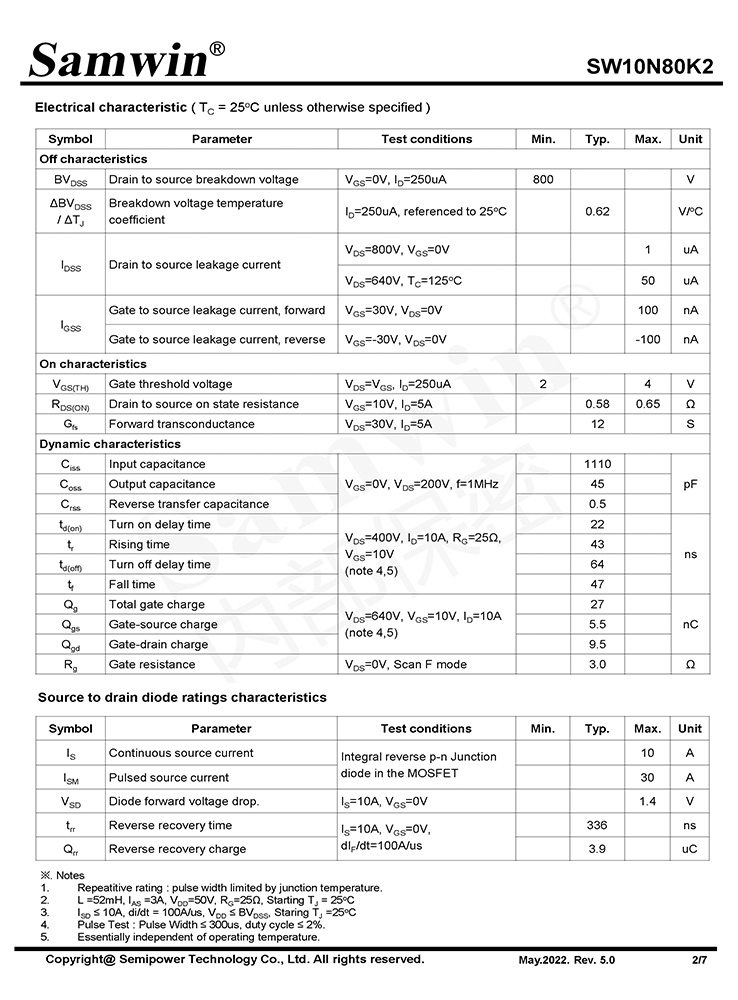 Samwin SW10N80K2 N-channel Enhanced mode TO-220F/TO-252/TO-251N MOSFET