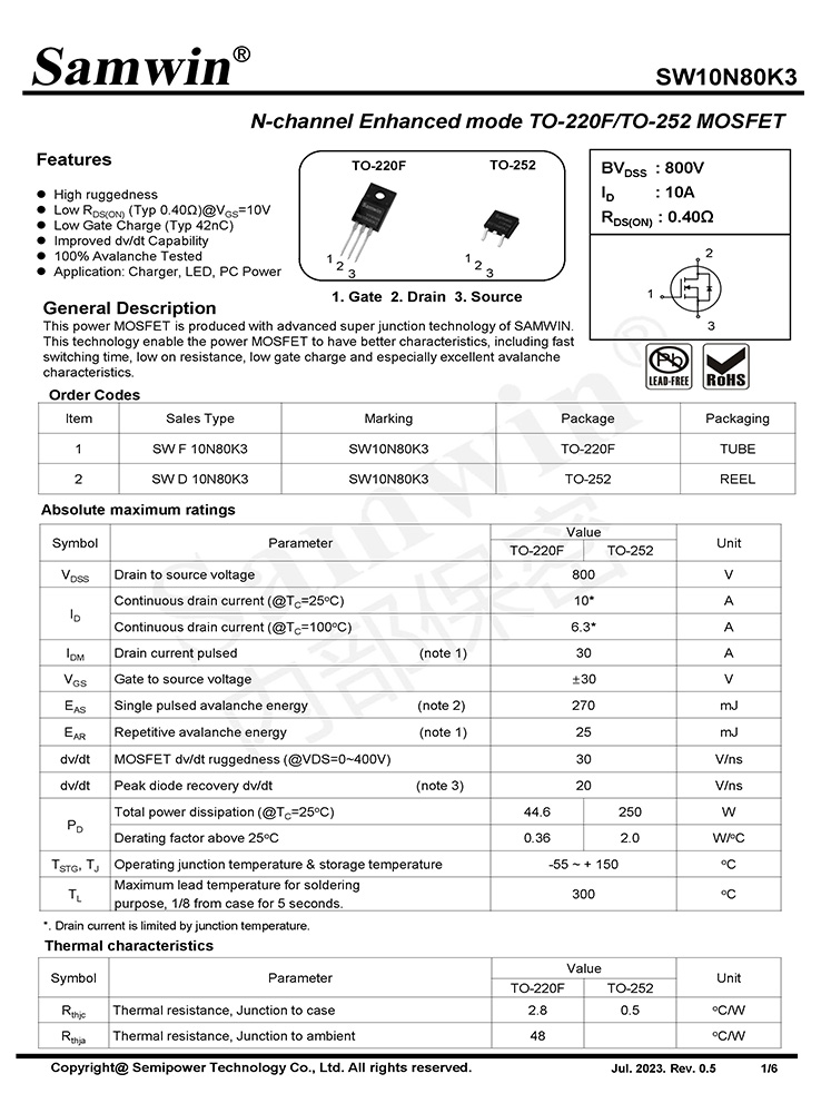 Samwin SW10N80K3 N-channel Enhanced mode TO-220F/TO-252 MOSFET