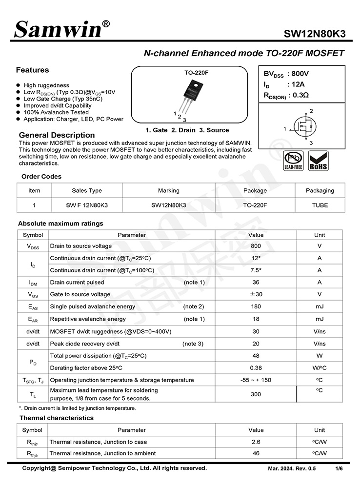 Samwin SW12N80K3 N-channel Enhanced mode TO-220F MOSFET