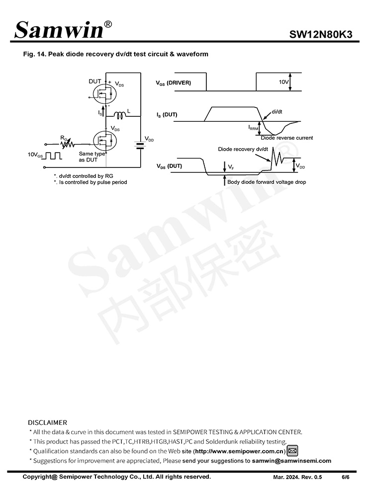 Samwin SW12N80K3 N-channel Enhanced mode TO-220F MOSFET