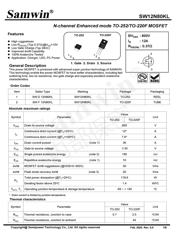 Samwin SW12N80KL N-channel Enhanced mode TO-220F/TO-252 MOSFET