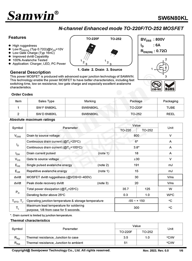 Samwin SW6N80KL N-channel Enhanced mode TO-220F/TO-252 MOSFET