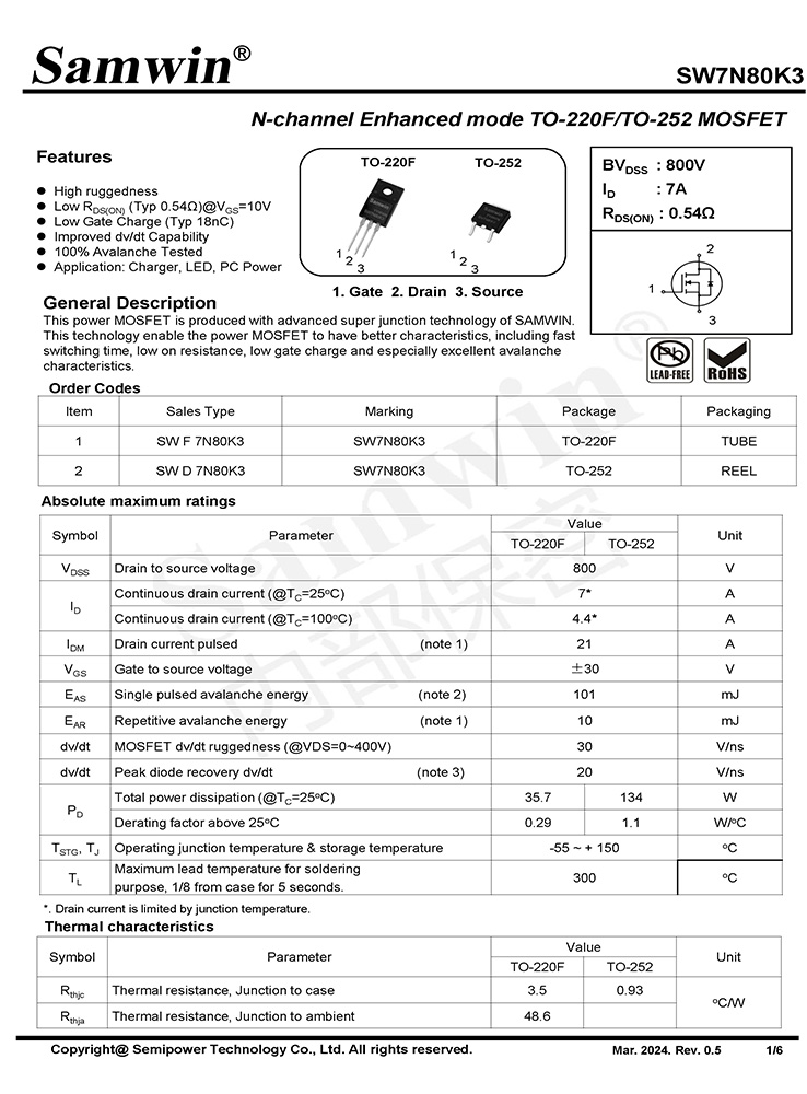 Samwin SW7N80K3 N-channel Enhanced mode TO-220F/TO-252 MOSFET