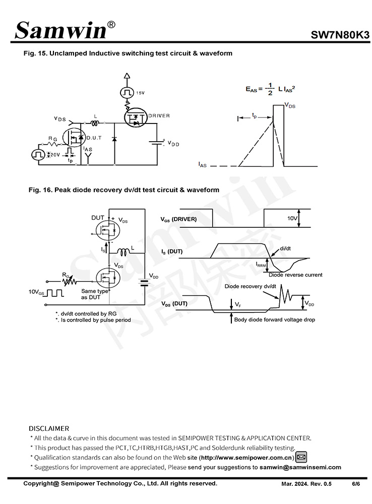 Samwin SW7N80K3 N-channel Enhanced mode TO-220F/TO-252 MOSFET