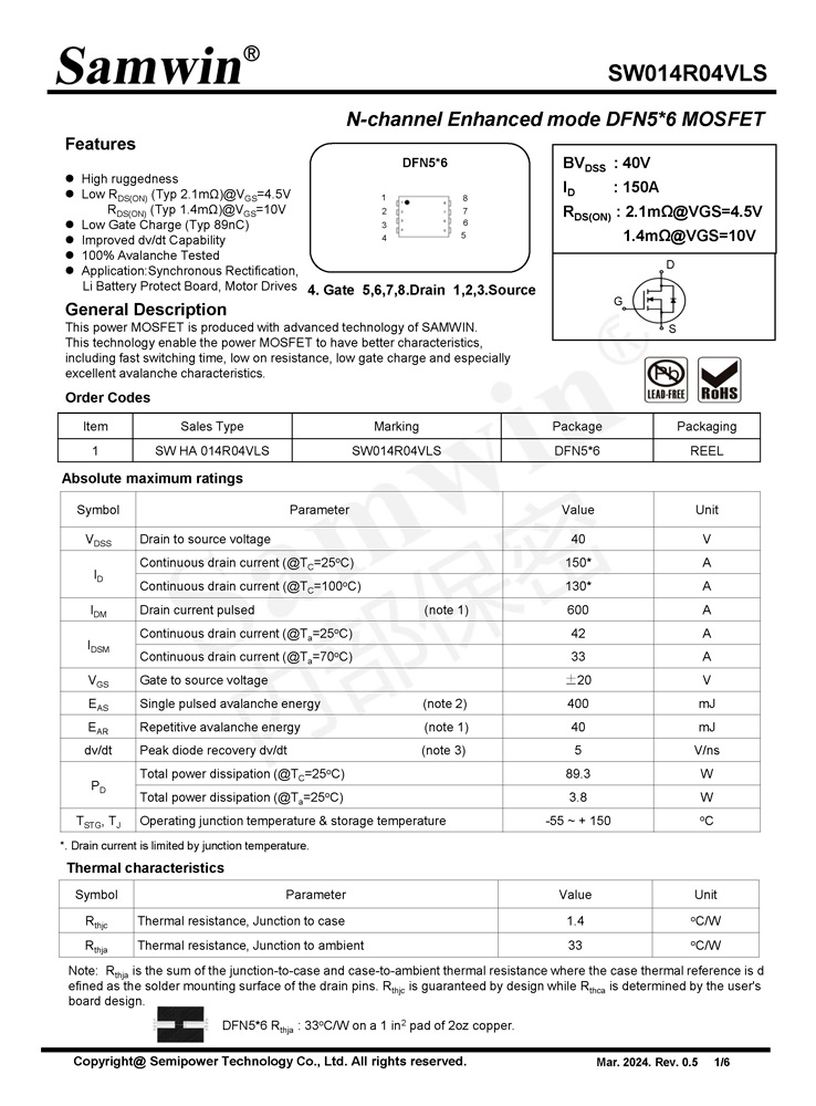 Samwin SW014R04VLS N-channel Enhanced mode DFN5*6 MOSFET