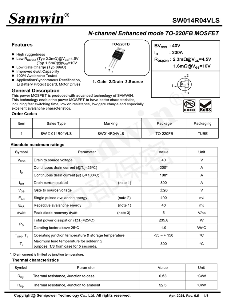 Samwin SW014R04VLS N-channel Enhanced mode TO-220FB MOSFET