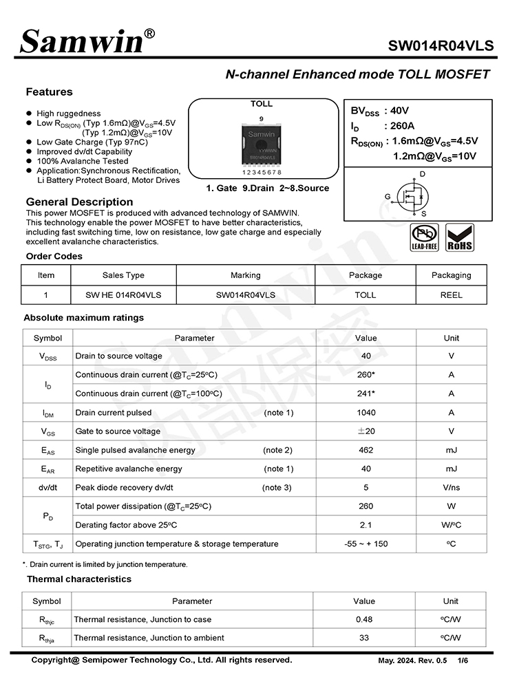 Samwin SW014R04VLS N-channel Enhanced mode TOLL MOSFET