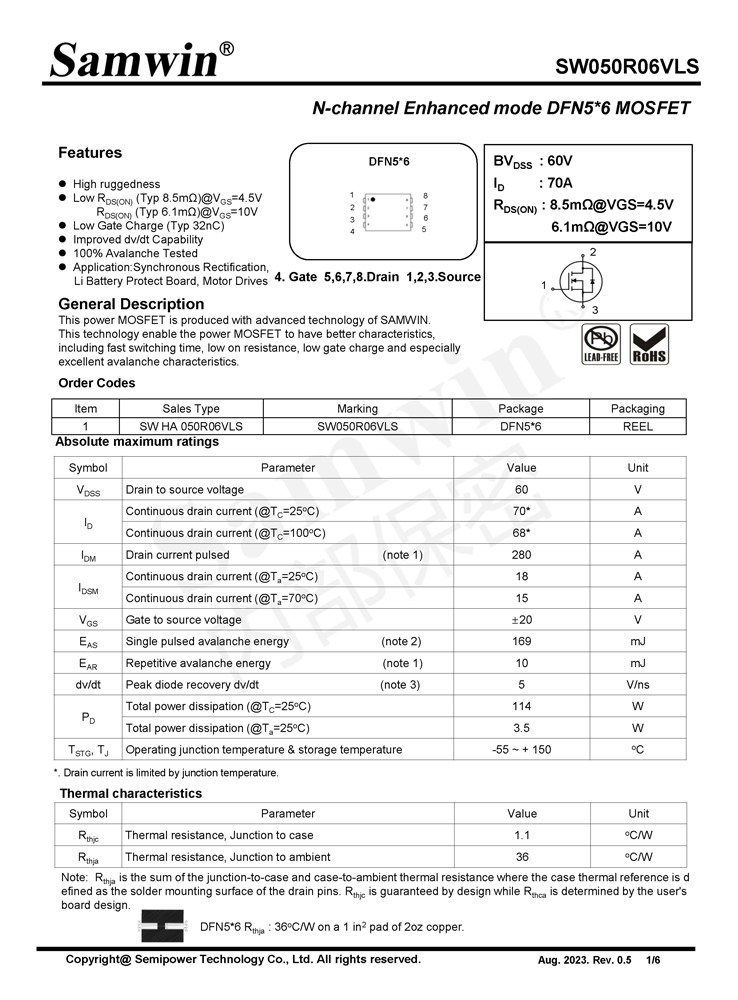 Samwin SW050R06VLS N-channel Enhanced mode DFN5 6 MOSFET