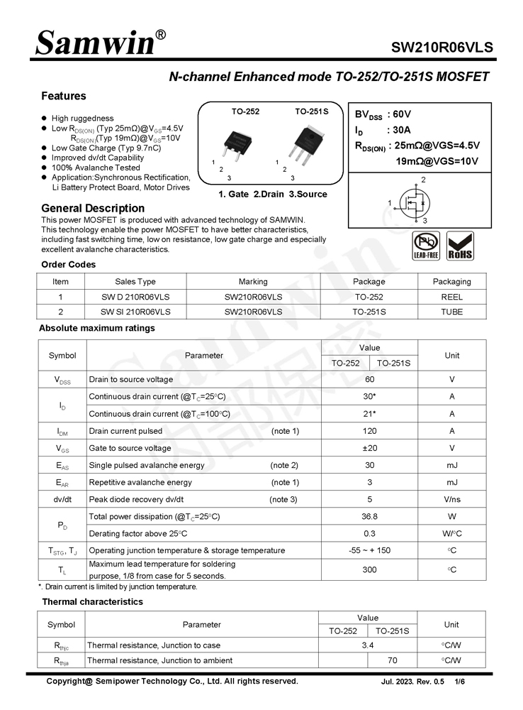 Samwin SW210R06VLS N-channel Enhanced mode TO-252/TO-251S MOSFET