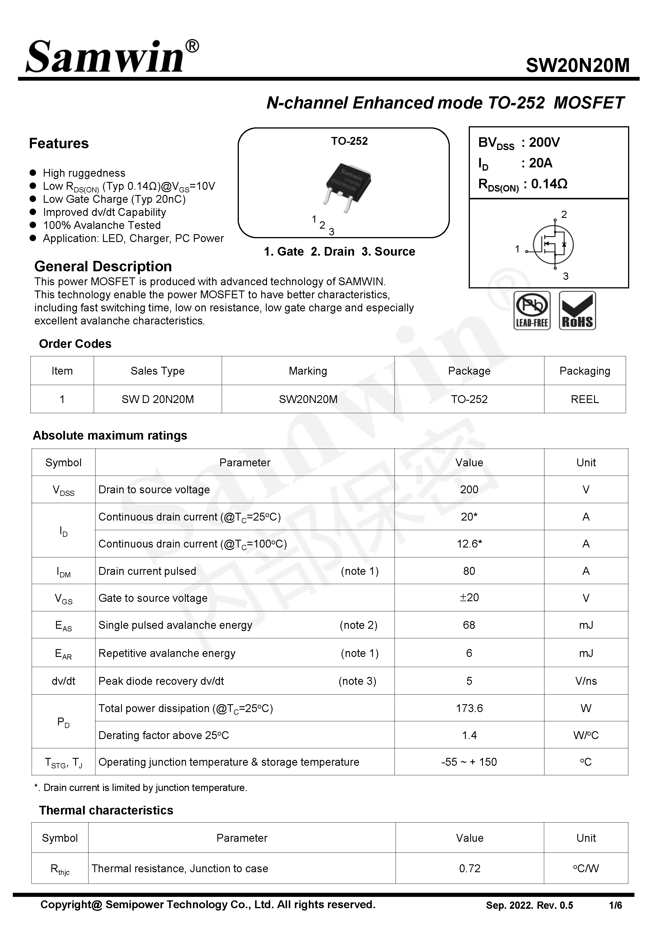 Samwin SW20N20M N-channel Enhanced mode TO-252 MOSFET