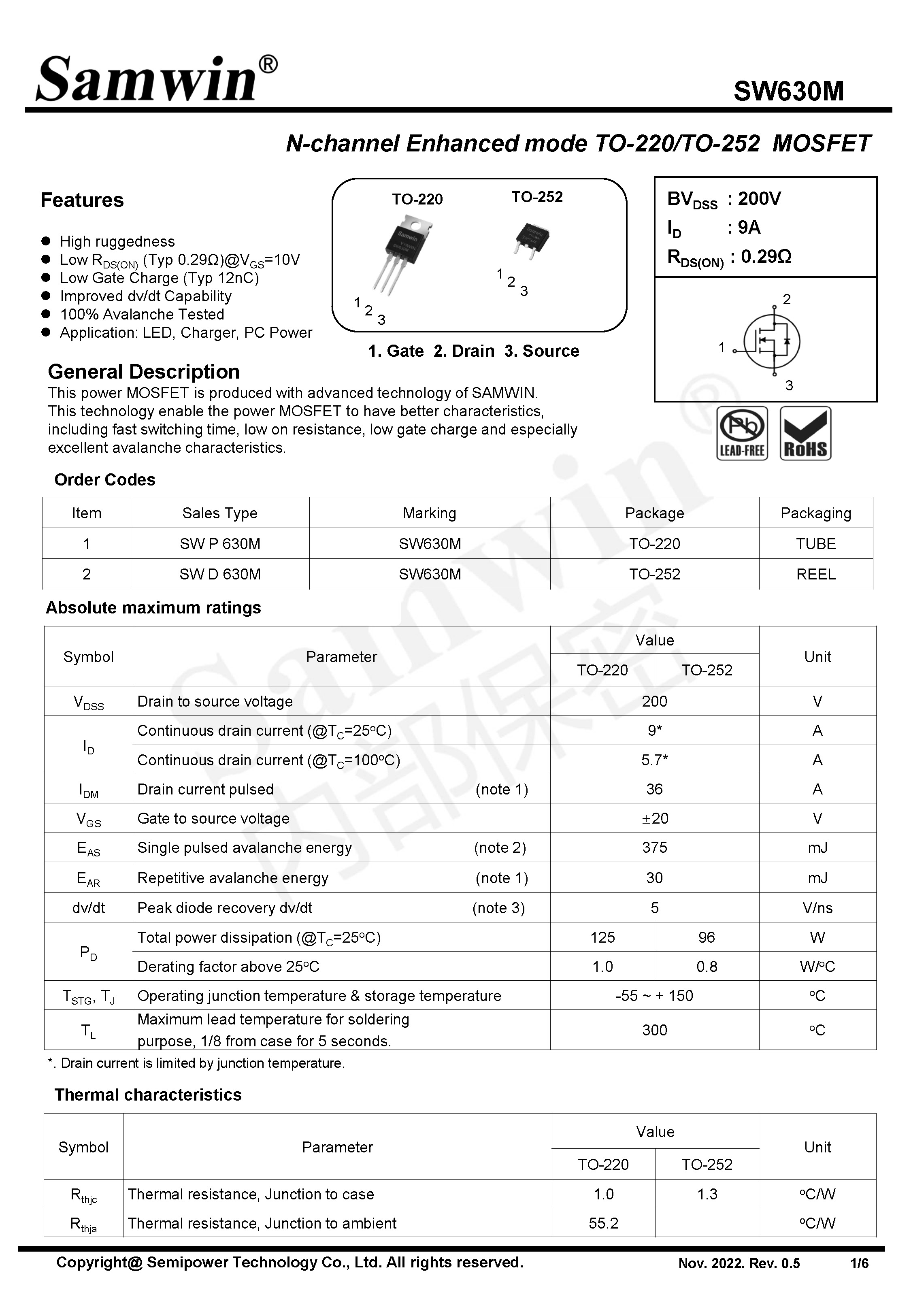 Samwin SW630M N-channel Enhanced mode TO-220/TO-252 MOSFET