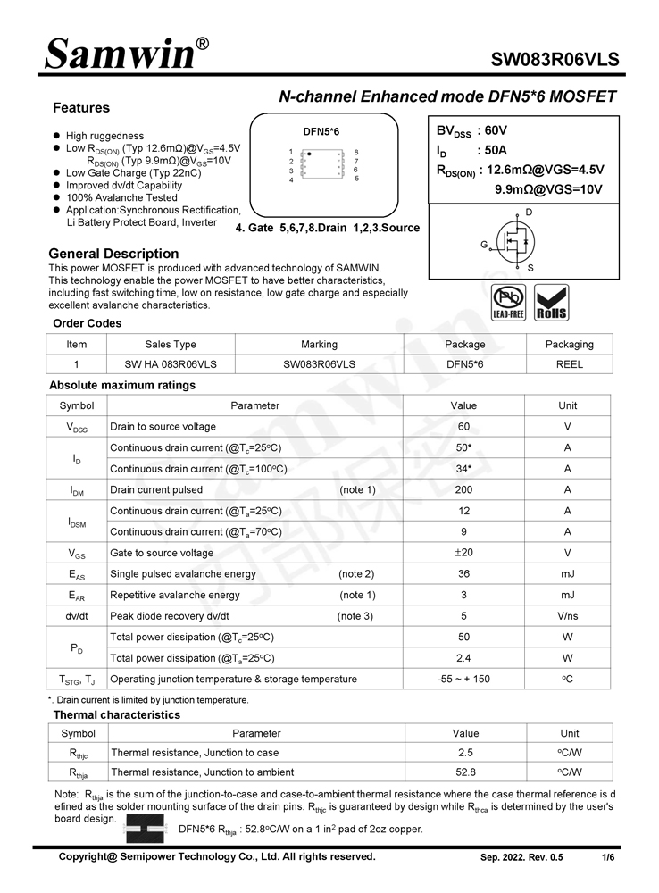 Samwin SW083R06VLS N-channel Enhanced mode DFN5*6 MOSFET