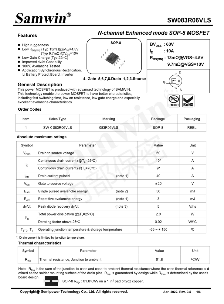 Samwin SW083R06VLS N-channel Enhanced mode SOP-8 MOSFET