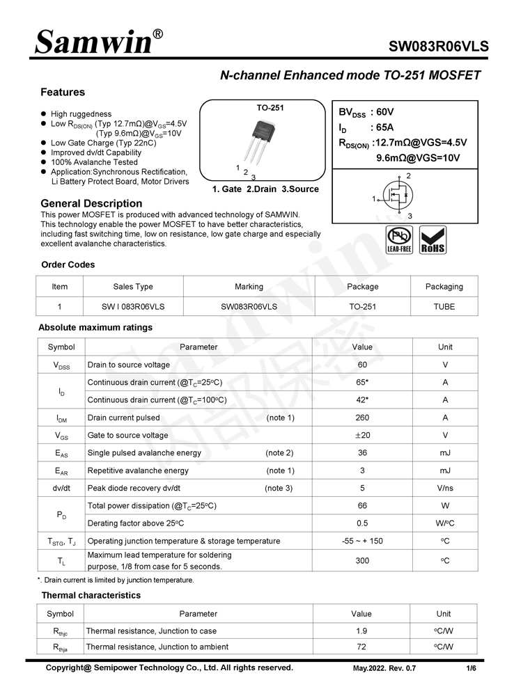 Samwin SW083R06VLS N-channel Enhanced mode TO-251 MOSFET